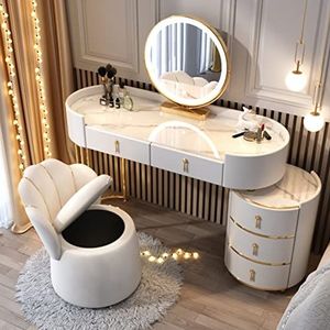 YUZES Kaptafel bureau met verstelbare 3 kleuren LED-verlichting spiegel,Make up tafel met massief houten lades,Make-up ijdelheidstafel set met gedempte kruk voor slaapkamer meisje vrouwen (Color : White