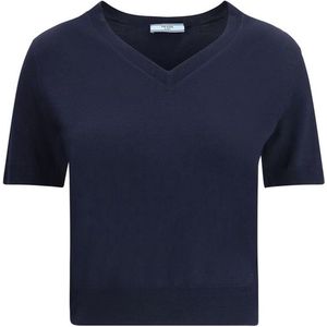 Prada - Elegante V-hals Gebreide Top - Blauw - Scheerwol