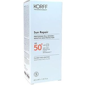 Korff Sun Repair kalmerende gezichtsvloeistof SPF 50+, zeer hoge bescherming, onmiddellijke kalmering, lichte textuur, zonder witte strepen, geschikt voor de gevoelige huid, 40 ml