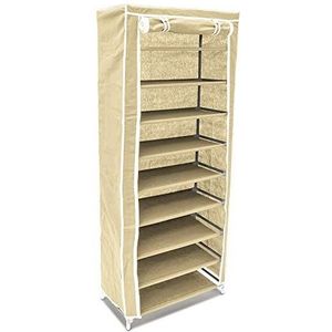 BAKAJI Ruimtebesparende schoenenkast met 10 planken, 60 x 30 x 150 cm, voor maximaal 36 paar schoenen, stalen structuur en bekleding van TNT-stof, waterdicht met ritssluiting, stofdicht (beige)