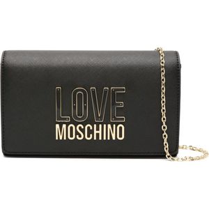 Love Moschino, Tassen, Dames, Zwart, ONE Size, Nylon, Zwarte Synthetische Schoudertas met Gouden Metalen Details