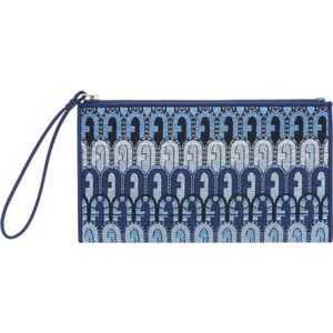 Furla, Slanke Jacquard Enveloppe Tas met Polsband Blauw, Dames, Maat:ONE Size