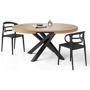 Mobili Fiver, Ronde uitschuifbare Emma eettafel, 120-160 cm, Rustiek Eiken, met zwarte gekruiste poten, Made In Italy