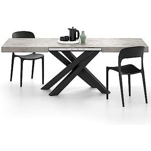 Mobili Fiver, Emma 140(220) x90 cm uitschuifbare tafel, cementgrijs met zwarte kruispoten, Made In Italy