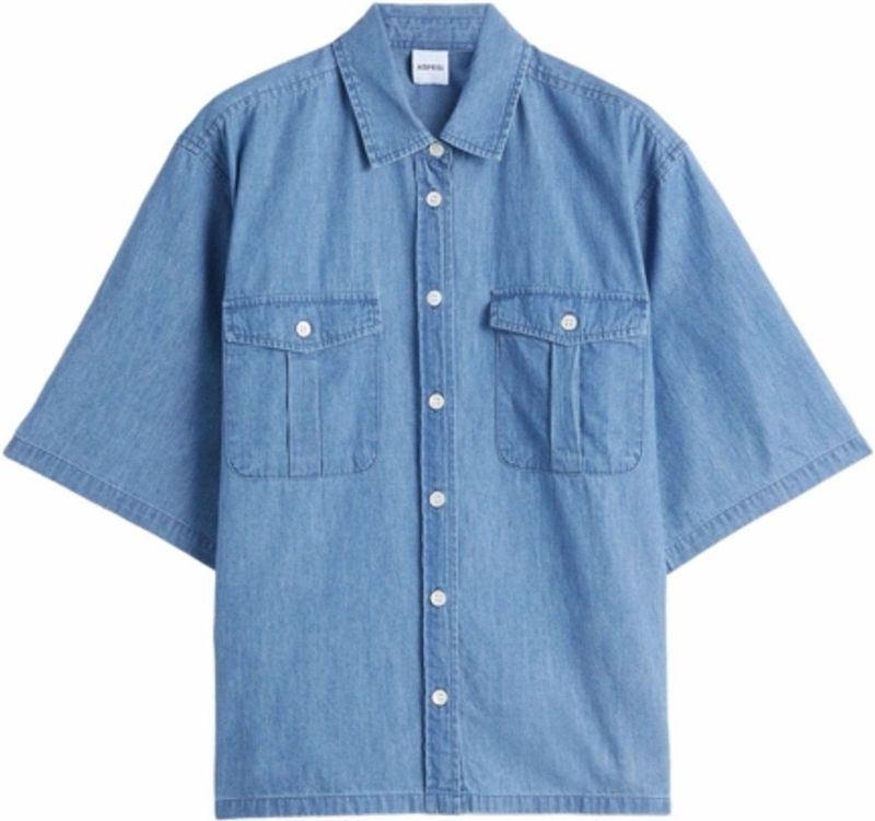 Aspesi - Blouse - Blauw - Katoen - Katoenen Overhemd met Halve Mouwen en Zakken