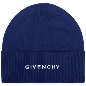 Givenchy, Accessoires, Dames, Blauw, ONE Size, Wol, Blauwe Wol Ribgebreide Randen Logo Hoed