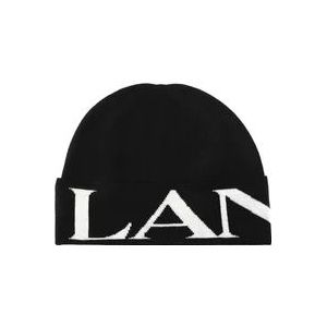 Lanvin Zwarte geribbelde wollen hoed met logo print , Black , Dames , Maat: ONE Size