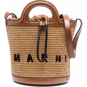 Marni, Tassen, Dames, Bruin, ONE Size, Leer, Tropicalia small bucket bag leather and raffia-effect fabric