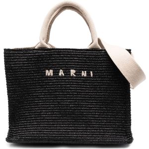 Marni, Tassen, Dames, Zwart, ONE Size, Katoen, Kleine tote raffia-effect stof