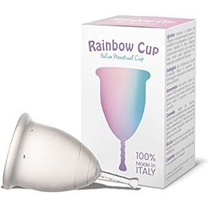 Rainbow Cup Menstruatiebeker, gemaakt in Italië, van medische siliconen zonder latex en additieven, comfortabel, milieuvriendelijk, veilig, in meerdere varianten, tonisch, transparant, maat 1