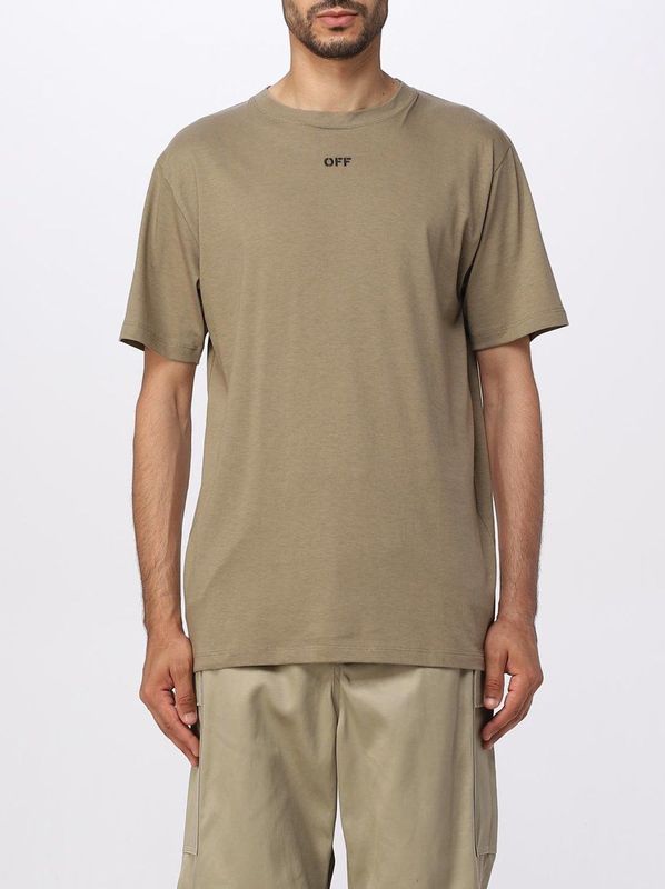 Off White - Geborduurd T-Shirt - Kaki - 100% Katoen