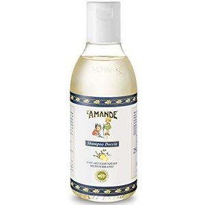 L'AMANDE Doucheshampoo voor mannen, vrouwen en kinderen, 250 ml, delicate vloeibare zeep, zacht voor de huid, bodywash en geparfumeerde douche, dermatologisch getest