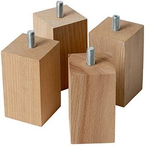 IPEA Meubelpoten en bankpoot, hoogte 10 cm, van hout, lichte kleur, gemaakt in Italië, rechthoekig, set van 4 voor kasten, bedden en fauteuils, 100 mm, beukenhouten poten