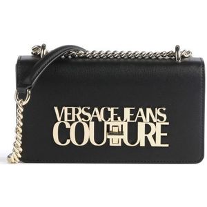 Versace Jeans Couture, Tassen, Dames, Zwart, ONE Size, Leer, Zwarte leren schoudertas met gouden logo details