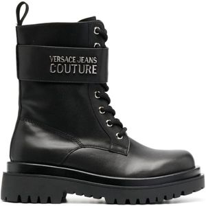 Versace Jeans Couture, Zwarte platte schoenen met ritssluiting en klittenbandsluiting Zwart, Dames, Maat:39 EU