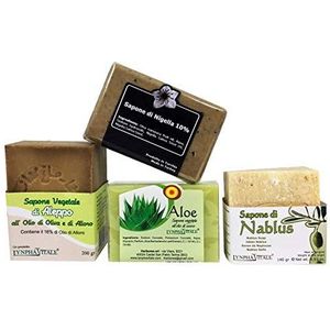 Fijnste zeep-set - handgemaakte en natuurlijke zeep voor uw huid - Aleppo-zeep 16%, Nablus-zeep, Aloë-zeep, Nigella-zeep - De traditionele grote mediterrane zeep - 4 lichaamszepen