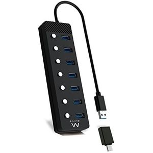 Ewent EW1147 Hub USB 3.2 Gen1, Concentrador USB, USB-splitter, 7 puerto's met interruptores Encendido/Apagado Individuale en Indicadores LED, met kabel van 1,2 m, met adapter 5V/3A, Negro