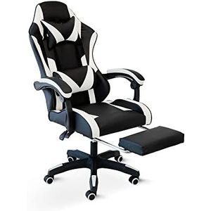 CRIBEL Omega Racing Gamingstoel, ergonomische bureaustoel met hoge rugleuning, telescopische voetensteun, verstelbare rugleuning, hoofdsteun en lendensteun, zwart en wit