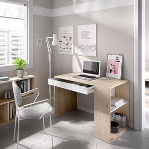 DMORA Bureau Grigna, multifunctioneel bureau voor kantoor of kinderkamer, lineair met planken, 115 x 50 x 74 cm, eiken en wit