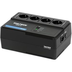 VulTech UPS700VA-XS UPS stekkerdoos 700VA/390WA, ononderbroken voeding, line-interactive-technologie, AVR-bescherming voor pc en modem, 4 Shuko-uitgangen, 2 USB-opladers voor smartphone en tablet