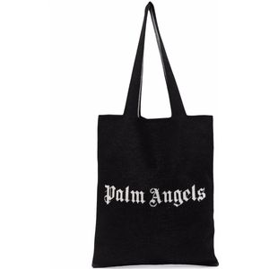 Palm Angels, Tassen, Heren, Zwart, ONE Size, Zwarte Logo Gebreide Shopper Tas