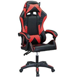 BAKAJI Gaming-stoel, bureau, thuis, van kunstleer, rugleuning, lendenkussen, hoofdsteun, 360 graden rotatie, verstelbare hoogte, 5 wielen (rood)