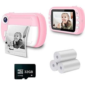 i-Paint P9 Instant Camera voor kinderen, printen B/N op thermisch papier, 1080P digitale camera FHD, LCD 3,5 inch, Micro SD 32 GB, kleur roze