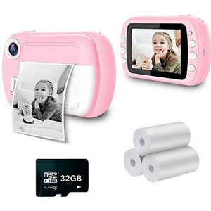 i-Paint P9 Instant camera voor kinderen, zwart-wit afdrukken op thermisch papier, 1080p, digitale FHD-camera, 3,5 inch LCD, 32 GB micro sd, roze