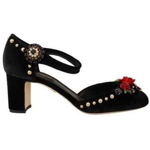 Zwart fluwelen rozen enkelband pumps schoenen