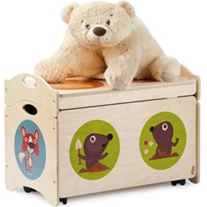 Dida i Pancotti – speelgoedbank van hout – box met 4 wielen + deksel – motief: vos, mol en puzzels – 3960 g