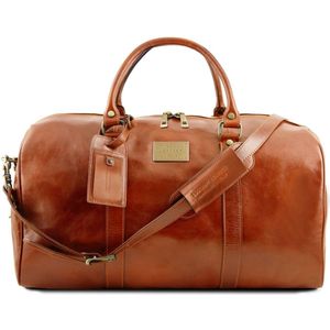 Tuscany Leather Reistas Voyager - Honingkleurig - Lederen reistas 'duffelbag' met vak aan de achterkant - TL141247