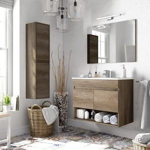 Bagno Italia Badkamerkast 80 cm met zuil inclusief Nordic eiken met wastafel spiegel modern meubilair hangend