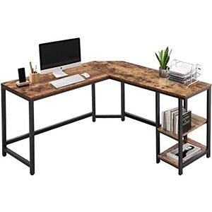BAKAJI L-vormig hoekbureau met boekenkast met 2 planken, werktafel voor pc, frame van zwart metaal en tafelblad van hout in antieke look, kantoorinrichting, industriële stijl