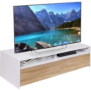 BAKAJI TV-kast MDF hout dressoir met tv-basis, 2 open vakken en 2 deuren, afmetingen 130 x 40 x 35,5 cm, kleur wit en eiken, modern design, woondecoratie