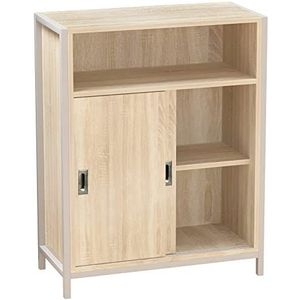 BAKAJI Lage kast, boekenkast, modern design, dressoir kantoor, structuur van staal en hout met 2 schuifdeuren, 1 opbergvak en 2 binnenruimtes 64 x 30 x 81 cm (natuurlijk)