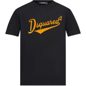 Dsquared2 - T-shirt - Zwart - Katoen - Met Logo in Fluweelafwerking