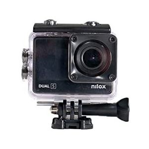 Nilox, Action Cam Dual S, Action Camera resolutie 4K/60 Fps, 170 graden groothoek, touchscreen aan de achterkant, waterdicht tot 30 m met waterdichte hoes, met zelfklevende bevestigingen, montageset