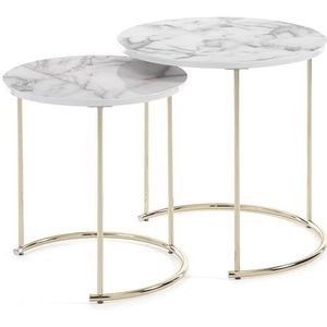 Wink Design Arden Round White Marble Set van 2 salontafels, glanzend goud, marmer wit glanzend, groot H49,5 x Ø 50 cm, klein H45 x Ø 42 cm