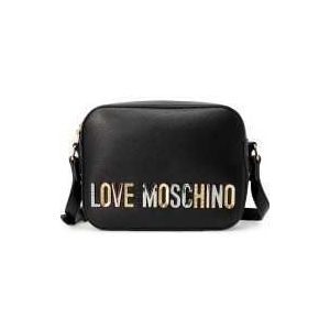 Love Moschino, Tassen, Dames, Zwart, ONE Size, Logo Crossbody Tas met Rhinestones