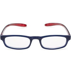 Contacta KO3, Hug, leesbril voor dames en heren, zelfrijdende bril, verlengde en gebogen stangen, kleur blauw met rode staaf, dioptrie +2,00, verpakking met brillenetui, 19 g