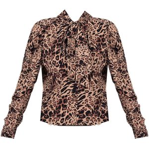 Patrizia Pepe - Blouse - Bruin - Viscose - V-hals - Pofmouwen - Dierenmotief