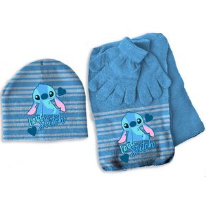 Disney Lilo & Stitch Set muts, sjaal en handsch enen, Love - ONE SIZE 3-6 jr - Acryl / Elastaan - Blauw