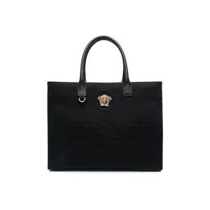 Versace Stoffen en Kalfsleren Tote Tassen , Black , Dames , Maat: ONE Size