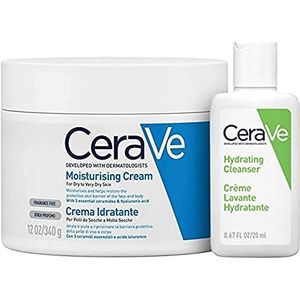 CeraVe Lichaams- en reisset, hydraterende gezichts- en lichaamscrème voor droge huid, met hyaluronzuur, 340 g + hydraterende gezichtsreiniger voor reizen, voor normale tot droge huid, 20 ml