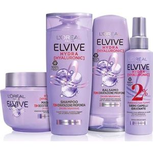 L'Oréal Paris Elvive Hydra Hyaluronic Complete Routine, set met shampoo, balsem, masker en serumspray, ideaal voor gedehydrateerd haar, 72 uur diepe hydratatie, met hyaluronzuur