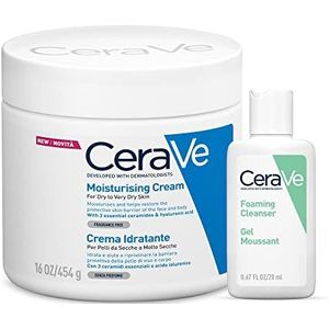 CeraVe Vochtinbrengende gezichts- en lichaamscrème voor droge huid met hyaluronzuur 454g + reisformaat reinigingsschuim 20 ml