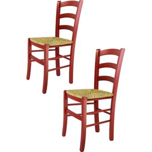 Tommychairs Venezia - Eetkamerstoelen - Set van 2 - Rood - Rotan & Hout