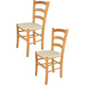Tommychairs - Set van 2 stoelen model Venice. Zeer geschikt voor keuken, eetkamer, maar ook voor de horeca. Houten honingkleurige frame met ivoren imitatie lederen stoelzitting