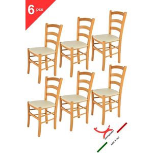 Tommychairs - Set van 6 stoelen model Venice. Zeer geschikt voor keuken, eetkamer, maar ook voor de horeca. Houten honingkleurige frame met ivoren imitatie lederen stoelzitting