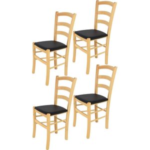 Tommychairs - Set van 4 stoelen model Venice. Zeer geschikt voor keuken, eetkamer, maar ook voor de horeca. Houten frame kleur naturel met gestoffeerde stoelzitting in imitatieleder kleur zwart